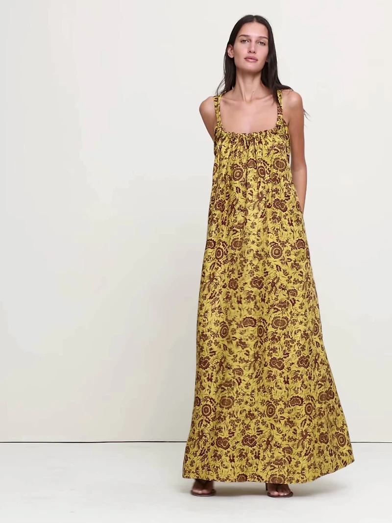 Viscose-Linen Gathered Maxi Dress