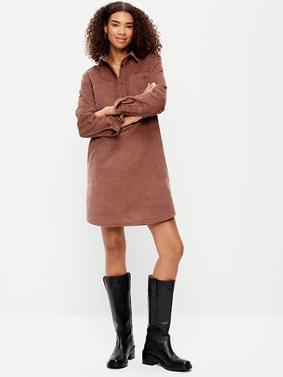 Long-Sleeve Button-Down Mini Shirt Dress