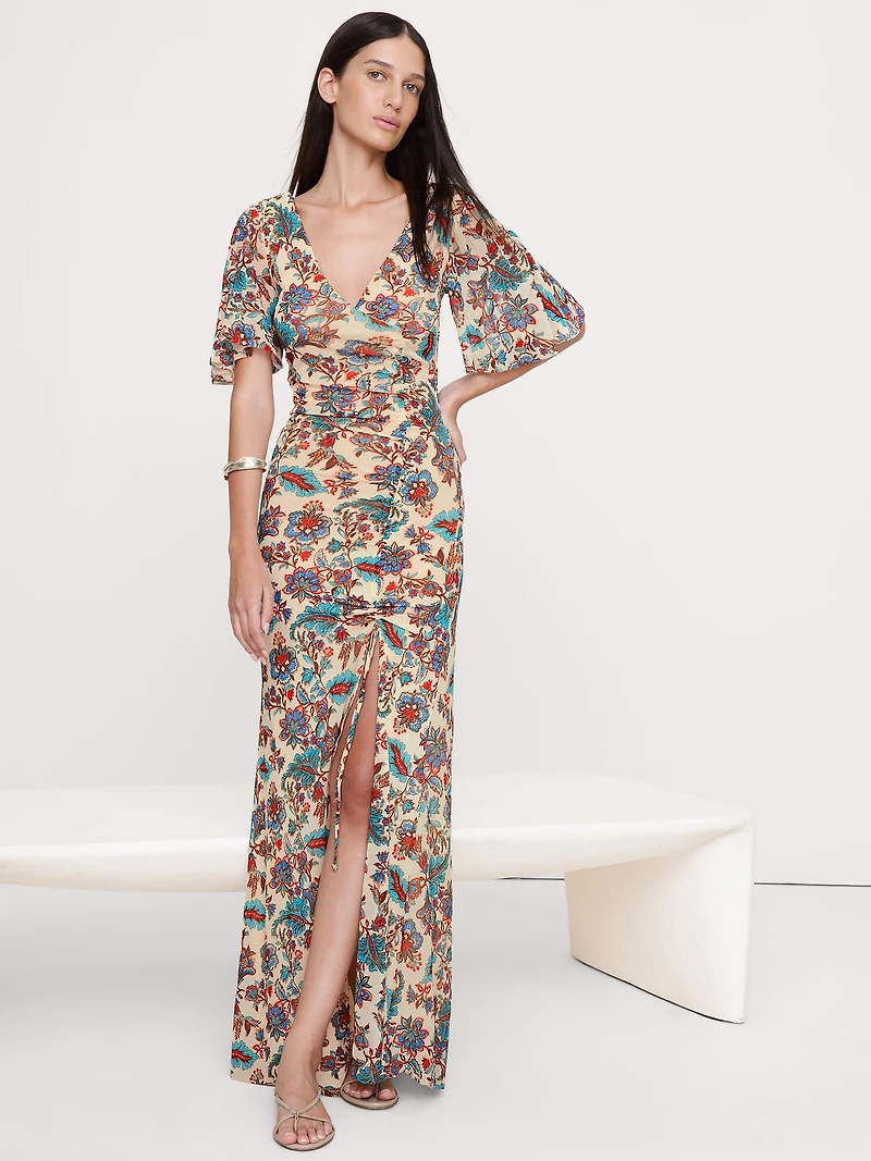 Mesh Flutter-Sleeve Maxi Dress