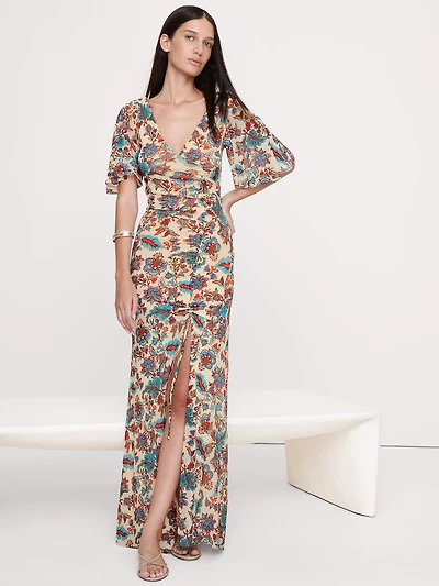 Mesh Flutter-Sleeve Maxi Dress