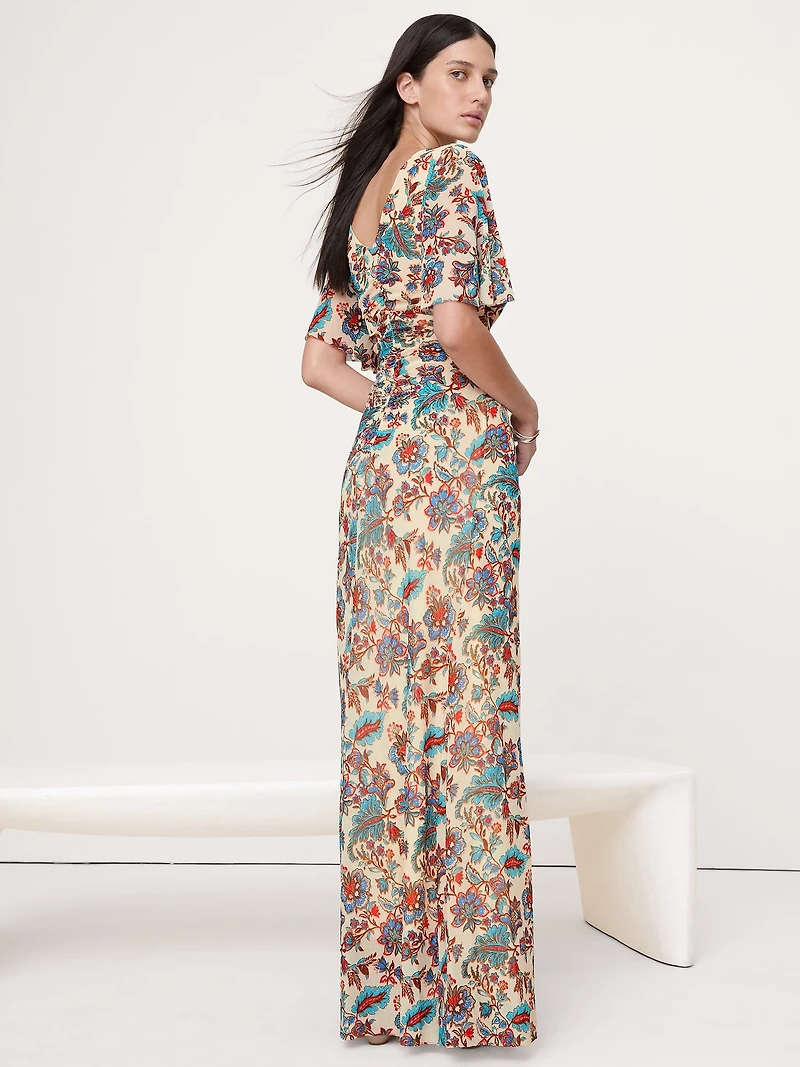 Mesh Flutter-Sleeve Maxi Dress