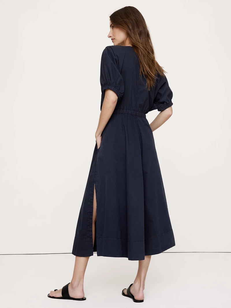 Cotton Twill Puff-Sleeve Midi Dress
