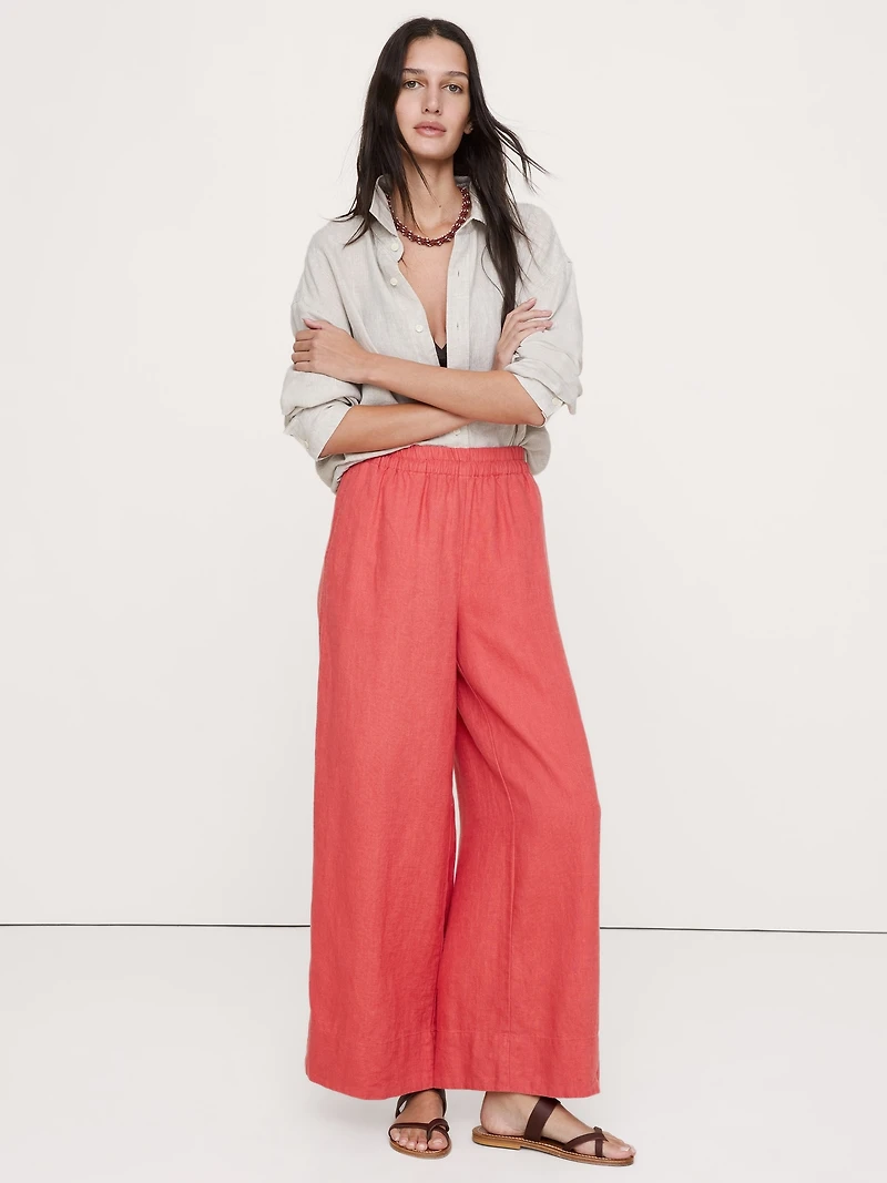 High-Rise Wide-Leg Linen Pull-On Ankle Pant