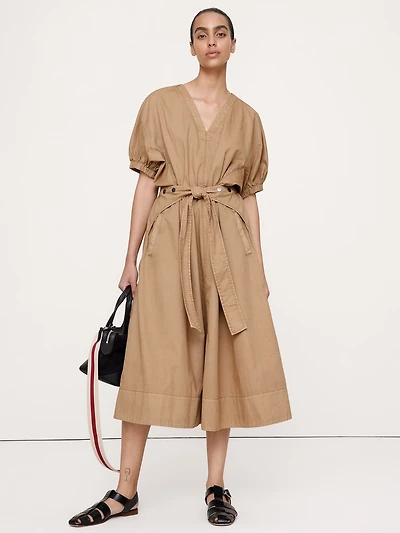 Cotton Twill Puff-Sleeve Midi Dress