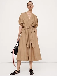 Cotton Twill Puff-Sleeve Midi Dress