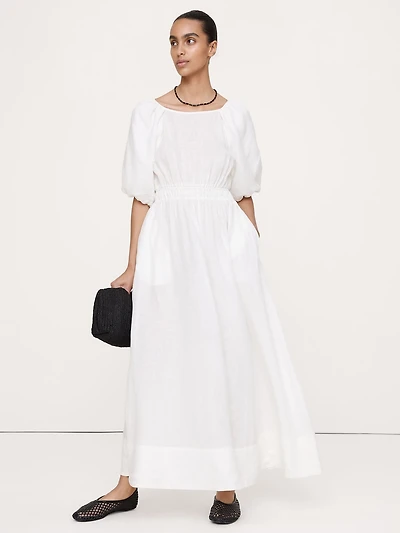Linen Puff-Sleeve Maxi Dress