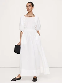 Linen Puff-Sleeve Maxi Dress