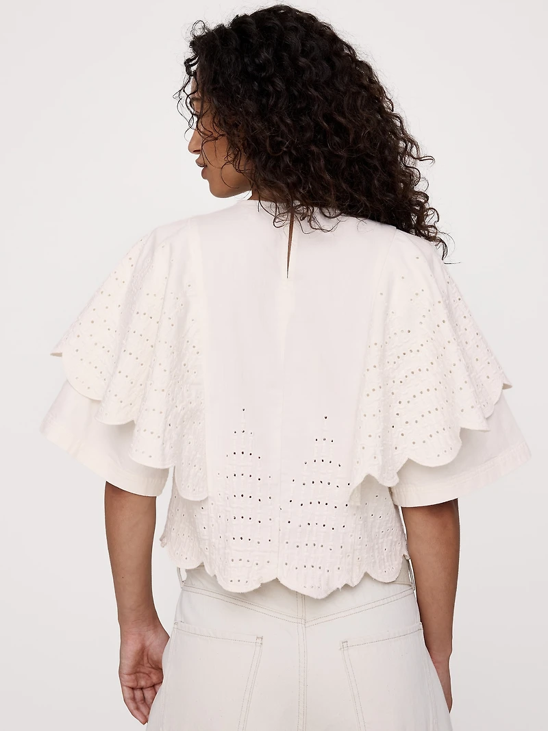 Eyelet Chambray Ruffle-Sleeve Top
