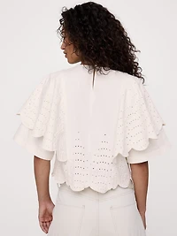 Eyelet Chambray Ruffle-Sleeve Top