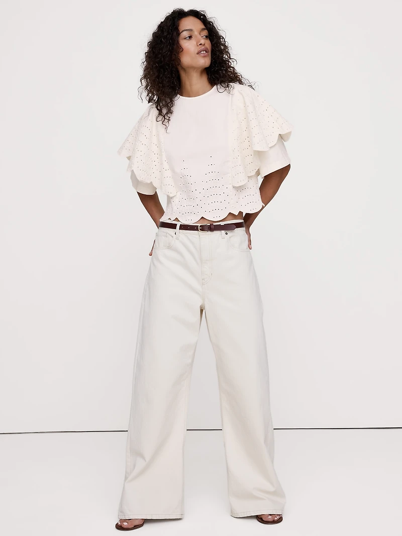 Eyelet Chambray Ruffle-Sleeve Top