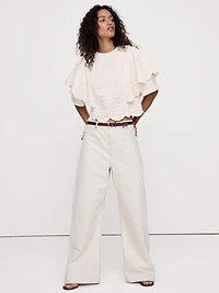 Eyelet Chambray Ruffle-Sleeve Top