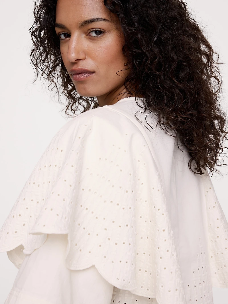 Eyelet Chambray Ruffle-Sleeve Top