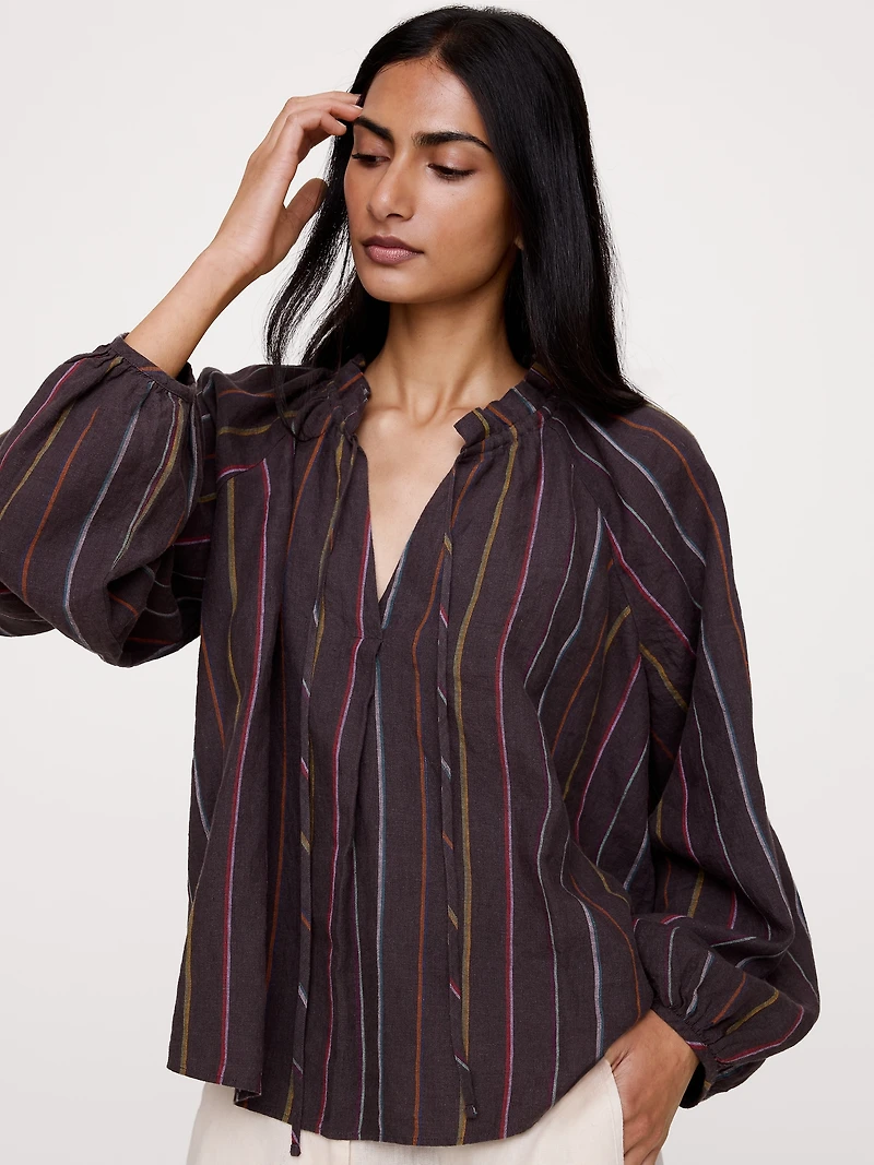 Linen Ruffle-Neck Top