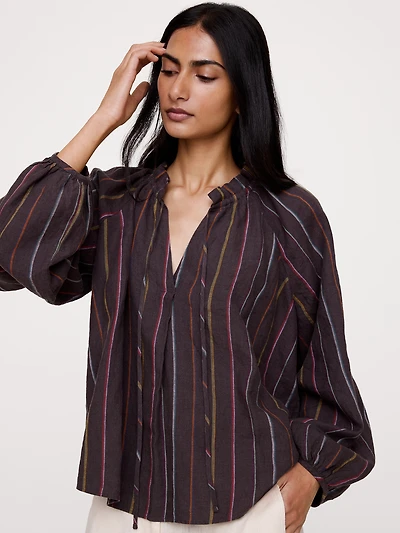 Linen Ruffle-Neck Top