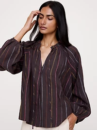 Linen Ruffle-Neck Top