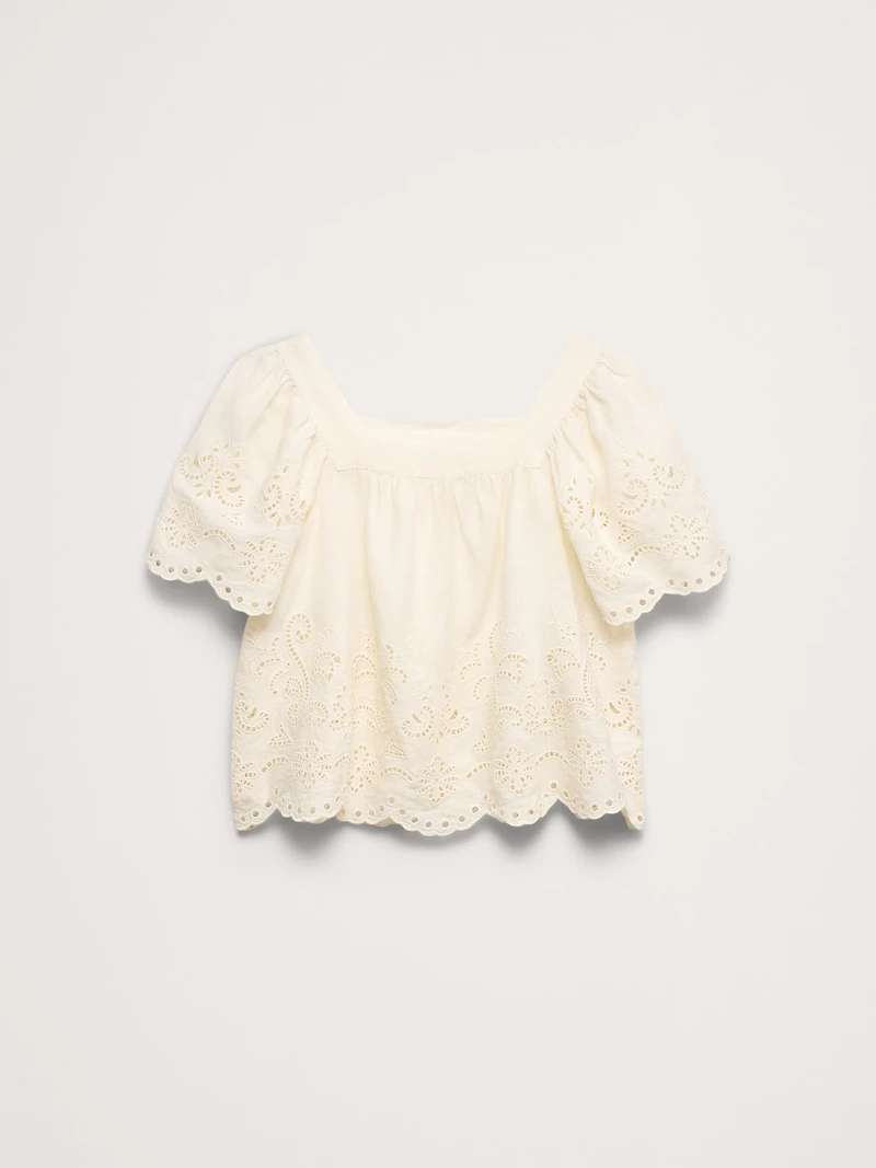 Linen Eyelet Square-Neck Top