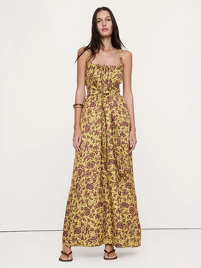 Viscose-Linen Gathered Maxi Dress