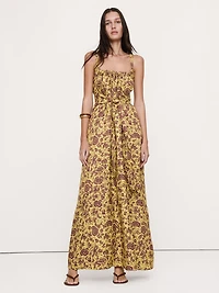 Viscose-Linen Gathered Maxi Dress