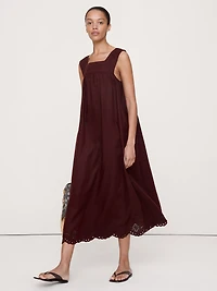 Embroidered Linen Square-Neck Dress