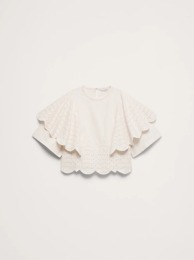 Eyelet Chambray Ruffle-Sleeve Top