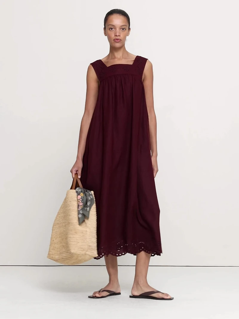 Embroidered Linen Square-Neck Dress
