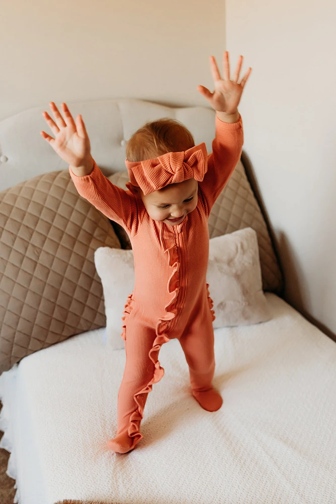 Tal + Love Waffle Ruffle Zip Footie - Coral