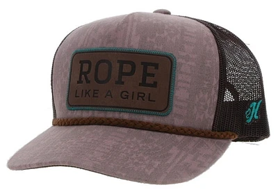 Rope Like a Girl Pink Aztec / Brown 5-Panel Trucker with Rectangle Leather Patch