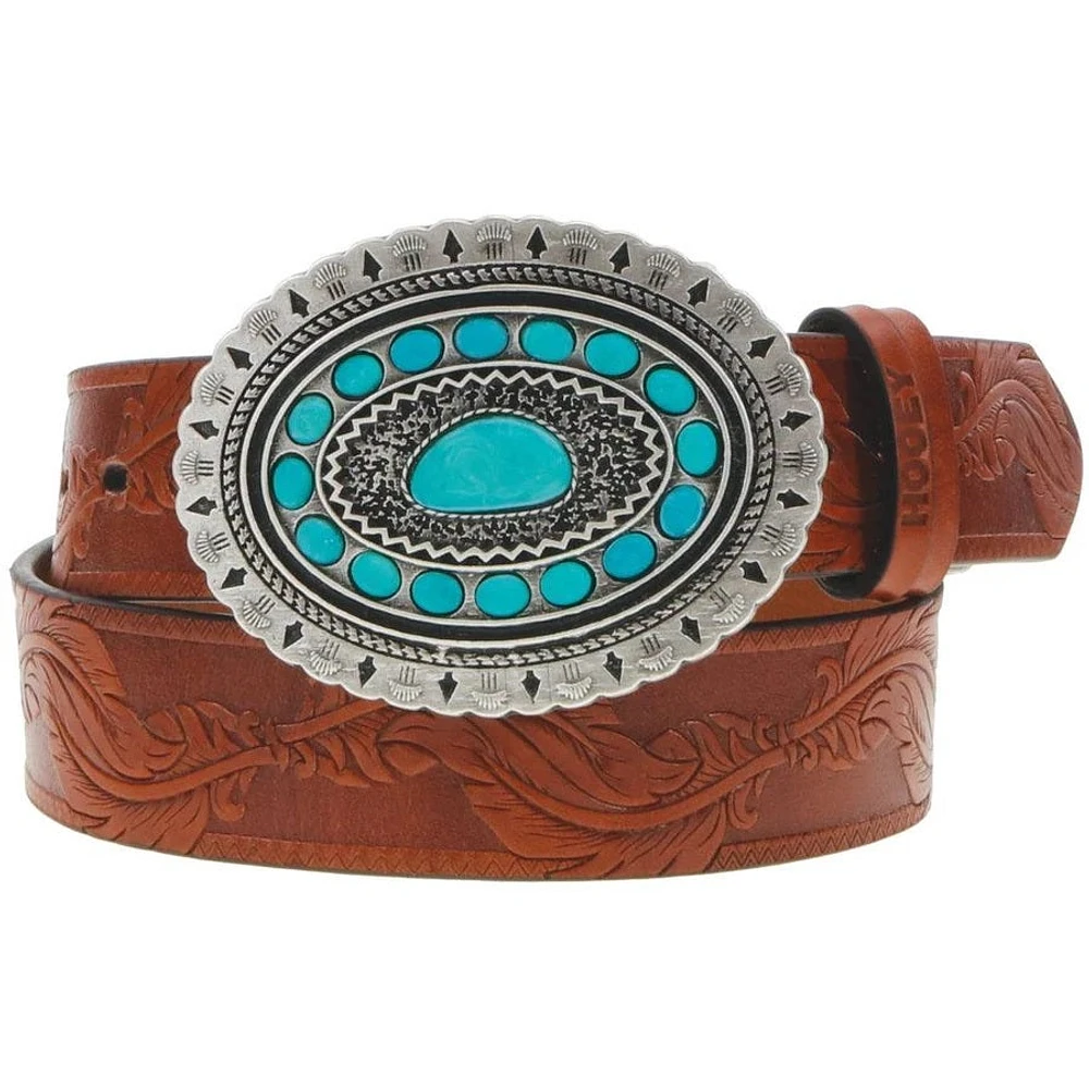 SIOUX Hooey Ladies Belt Natural Brown with Turquoise Rodeo Buckle