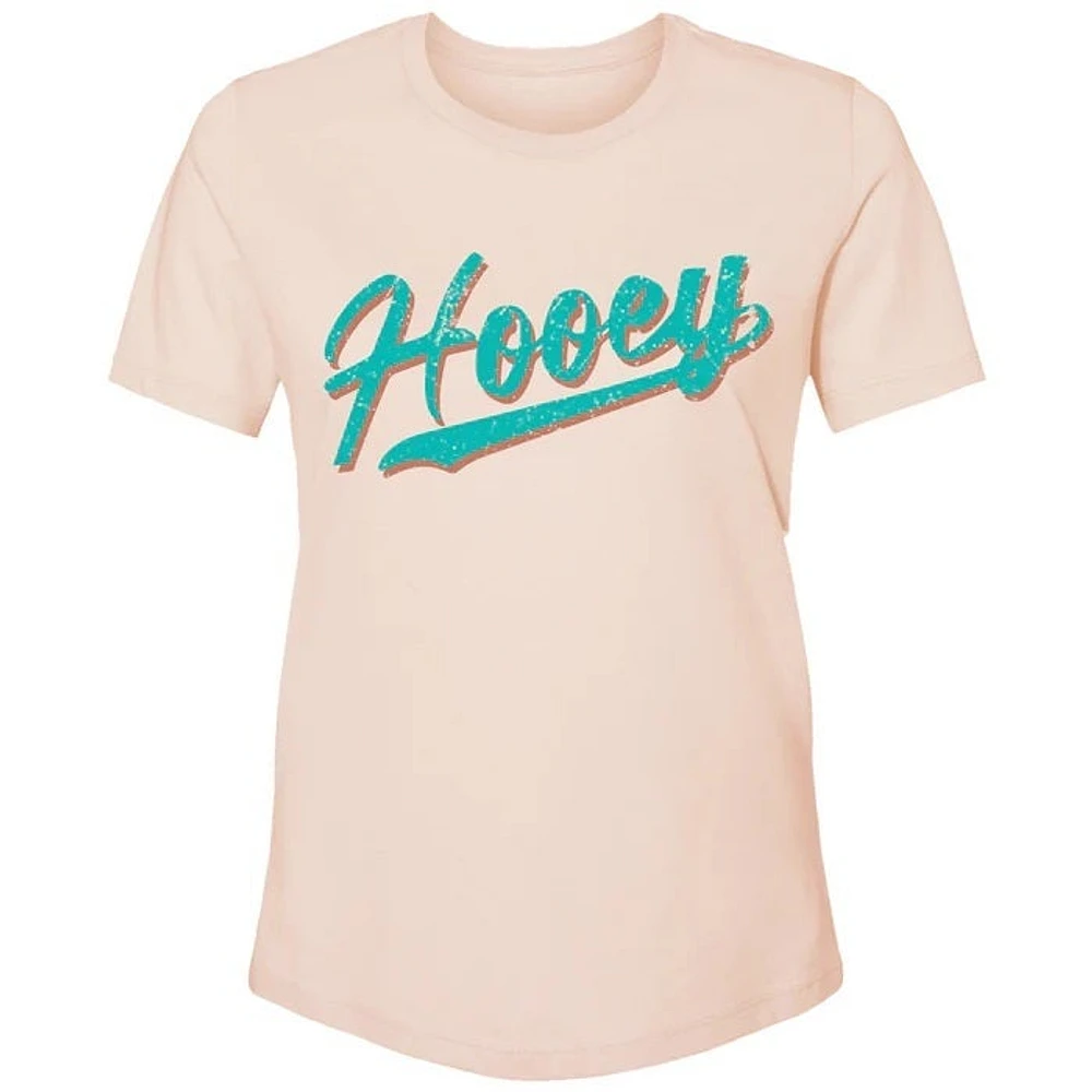 Hooey Varsity Ladies Peach Crew Neck Cotton / Poly Short Sleeve T-Shirt with Teal Logo