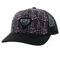 Rope Like a Girl Pink / Purple / Teal Feather Pattern / Black 6-Panel Trucker with Black / White Patch - OSFA