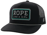 Rope Like a Girl Black 5Panel Trucker with Black / Grey / Turquoise Rectangle Patch OSFA