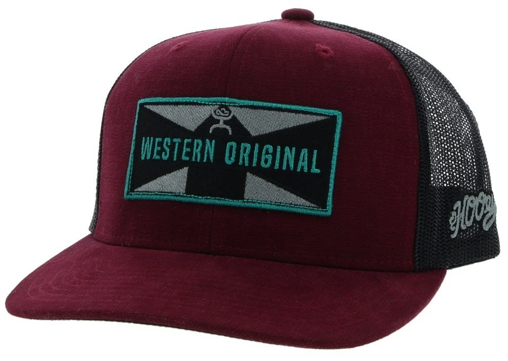 Holley Hooey Maroon / Black 6Panel Trucker with Black / Grey / Teal Rectangle Patch OSFA