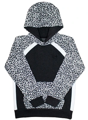 Savannah Hooey Youth Ladies Black Hoody with / White Cheetah Print on Sleeves Kangaroo Pocket and Hood Internal Phone