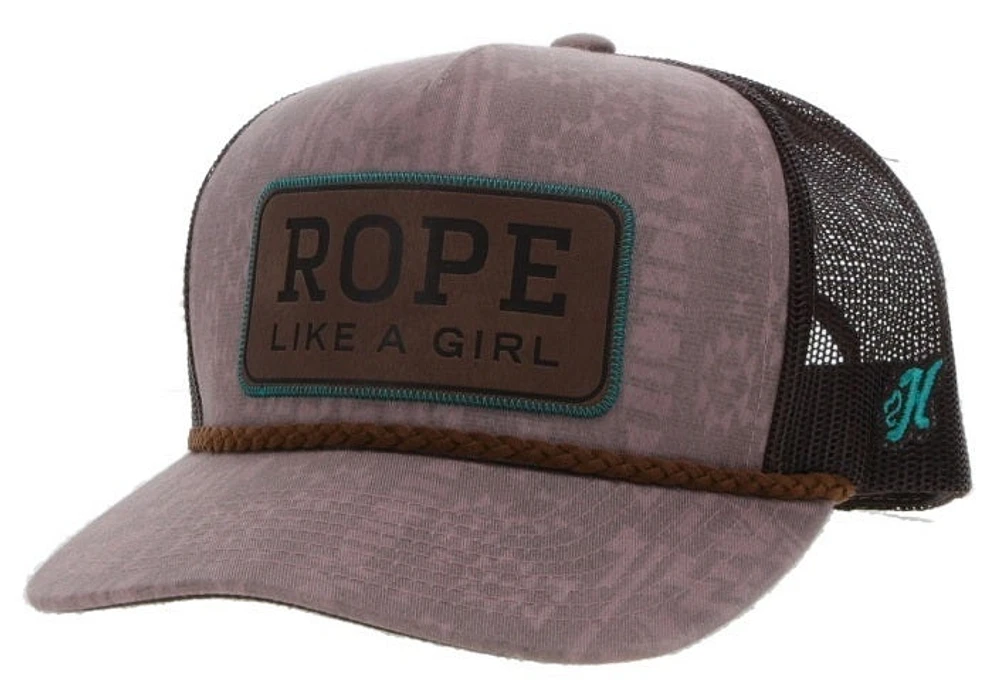 Rope Like a Girl Pink Aztec / Brown 5-Panel Trucker with Rectangle Leather Patch