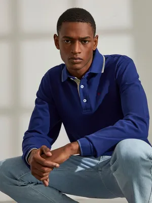 Polo para homem slim fit de algodão manga comprida