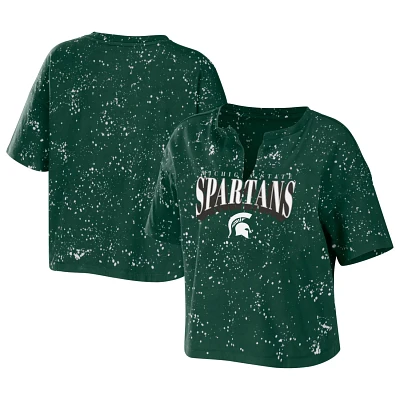 WEAR by Erin Andrews Michigan State Spartans Bleach Wash Splatter Cropped Notch Neck T-Shirt