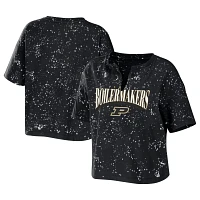 WEAR by Erin Andrews Purdue Boilermakers Bleach Wash Splatter Cropped Notch Neck T-Shirt