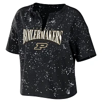 WEAR by Erin Andrews Purdue Boilermakers Bleach Wash Splatter Cropped Notch Neck T-Shirt