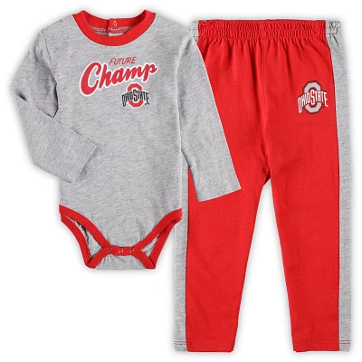 Heathered Gray/Scarlet Ohio State Buckeyes Little Kicker Long Sleeve Bodysuit and Sweatpants Set                                