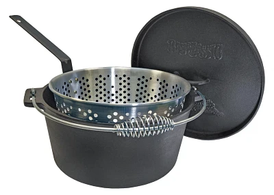 Bayou Classic qt Cast Iron Dutch Oven with Fry Basket and Stainless Handle