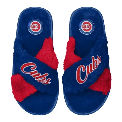 FOCO Chicago Cubs Two-Tone Crossover Faux Fur Slide Slippers