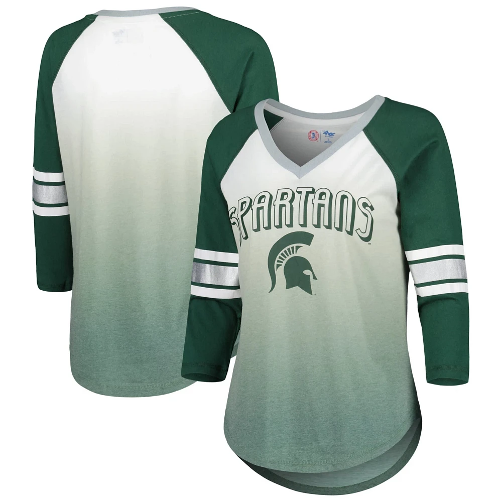 G-III 4Her by Carl Banks /Green Michigan State Spartans Lead Off Ombre Raglan 3/4-Sleeve V-Neck T-Shirt