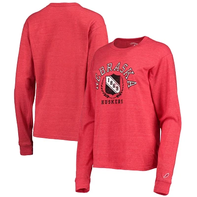 League Collegiate Wear Heathered Scarlet Nebraska Huskers Seal Victory Falls Oversized Tri-Blend Long Sleeve T-Shirt