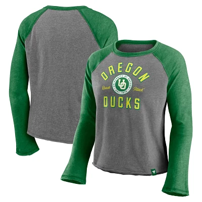 Majestic Heathered Gray/Heathered Oregon Ducks Competitive Edge Cropped Raglan Long Sleeve T-Shirt