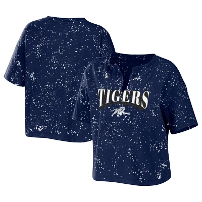 WEAR by Erin Andrews Jackson State Tigers Bleach Wash Splatter Cropped Notch Neck T-Shirt