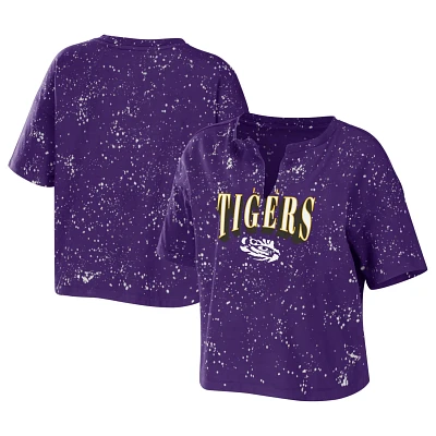 WEAR by Erin Andrews LSU Tigers Bleach Wash Splatter Cropped Notch Neck T-Shirt