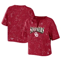 WEAR by Erin Andrews Oklahoma Sooners Bleach Wash Splatter Cropped Notch Neck T-Shirt