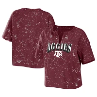 WEAR by Erin Andrews Texas AM Aggies Bleach Wash Splatter Cropped Notch Neck T-Shirt