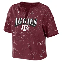 WEAR by Erin Andrews Texas AM Aggies Bleach Wash Splatter Cropped Notch Neck T-Shirt