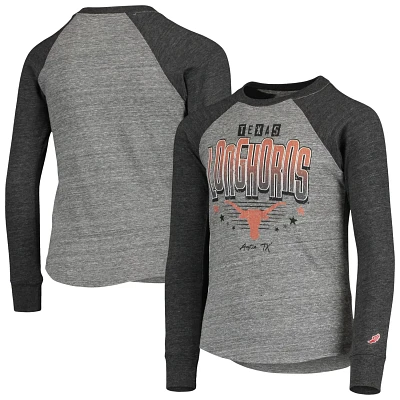 Youth League Collegiate Wear Heathered Gray Texas Longhorns Baseball Tri-Blend Raglan Long Sleeve T-Shirt                       